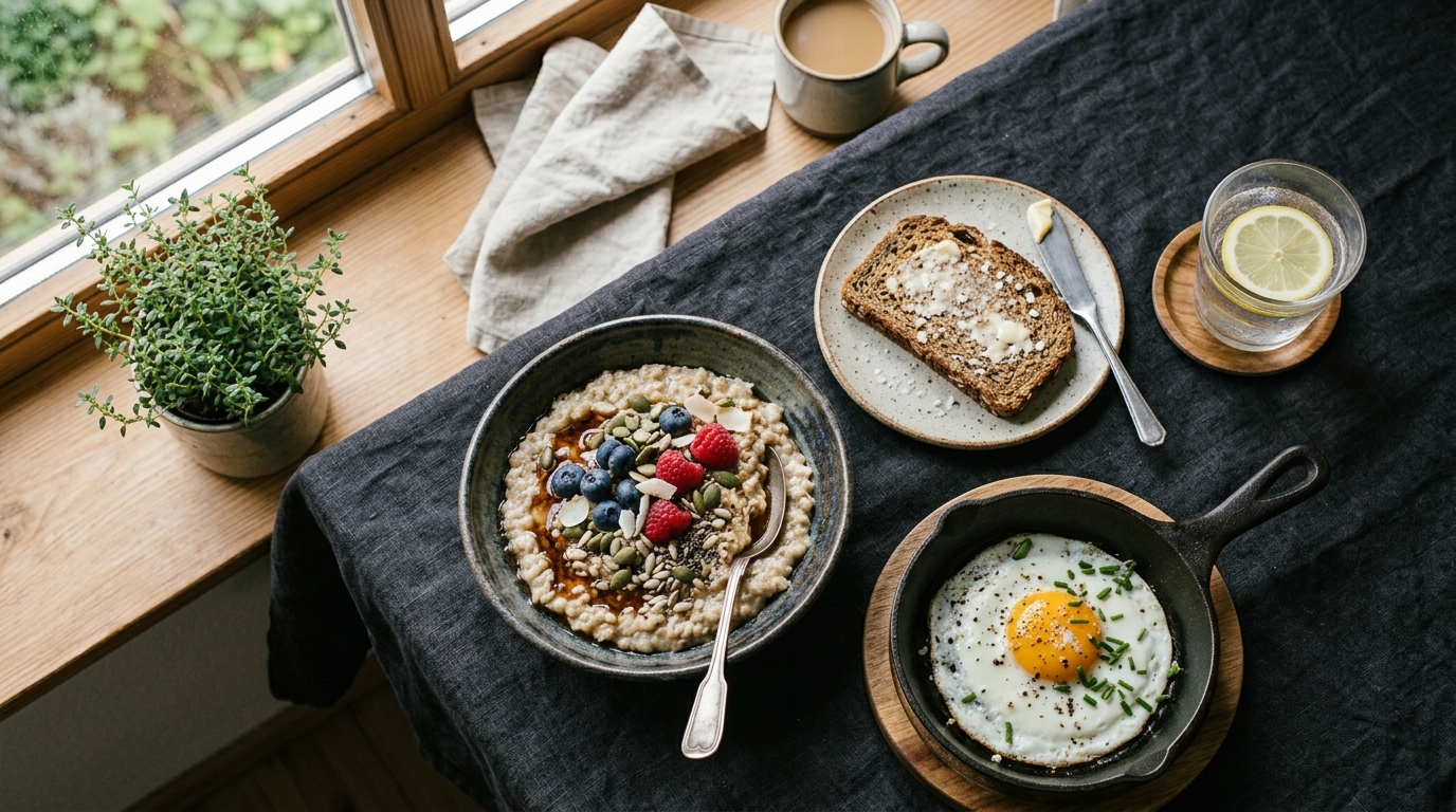 Warmer Haferbrei in einer Steinzeugschale auf dunkler Leinendecke, daneben Roggentoast und ein Glas Wasser mit Zitrone