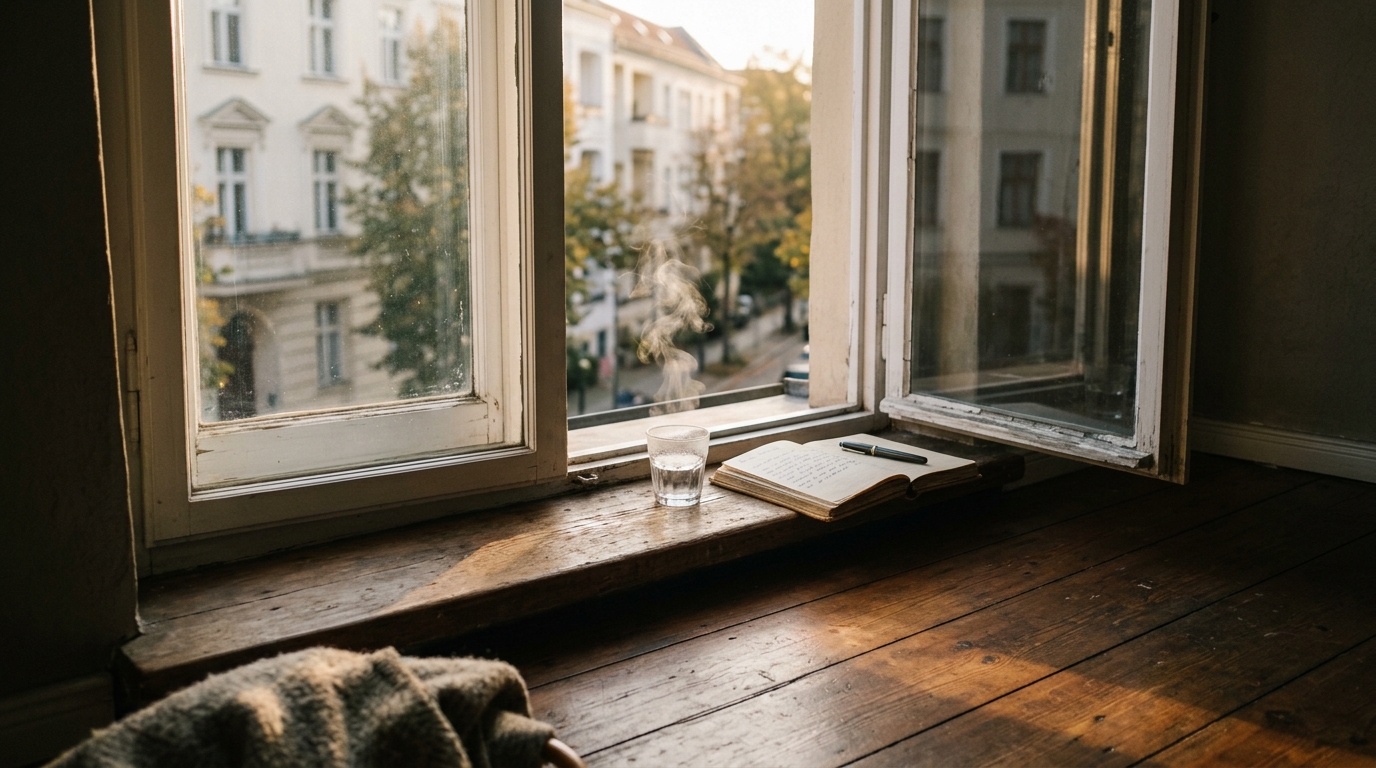 Sanftes Morgenlicht f&auml;llt durch ein hohes Fenster auf den Holzboden einer Berliner Wohnung