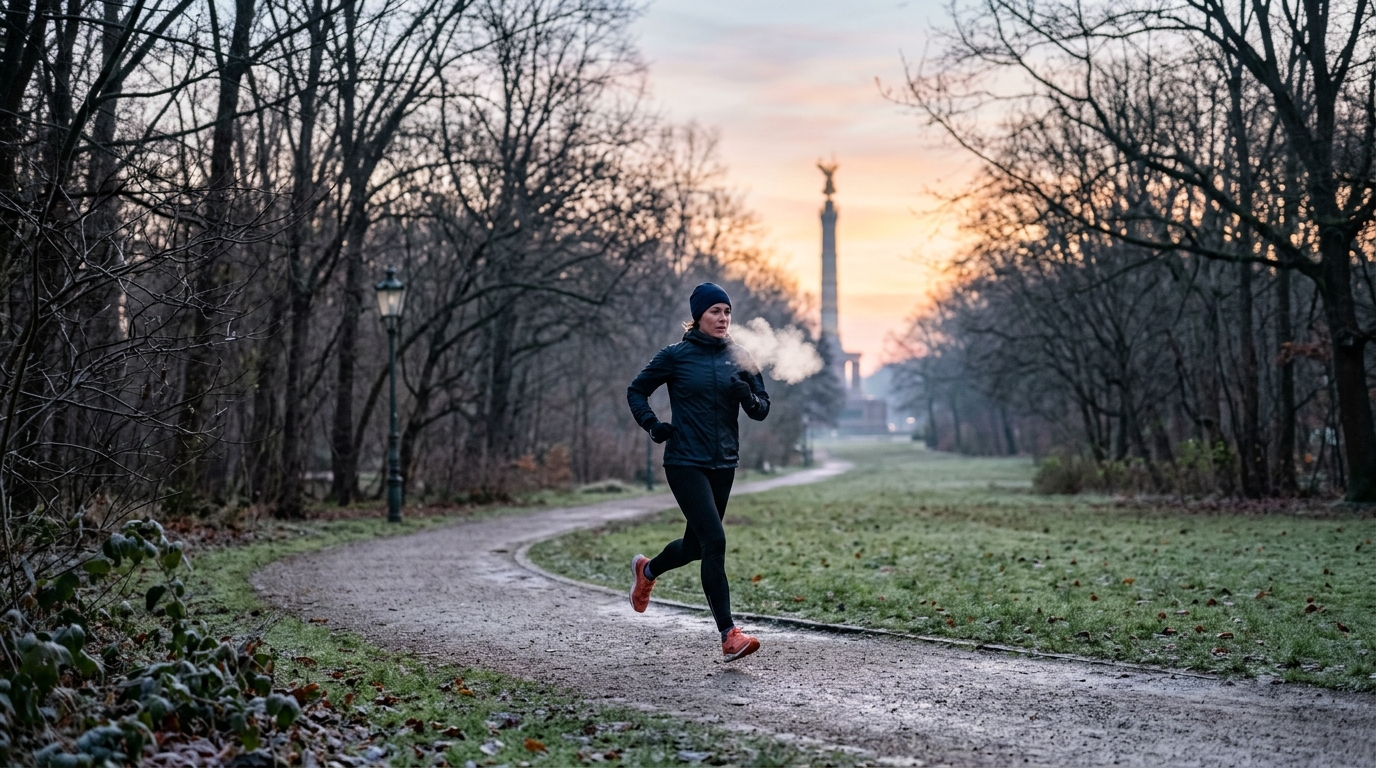 Eine L&auml;uferin auf einem Pfad im Tiergarten in der Berliner Morgend&auml;mmerung, ihr Atem sichtbar in der kalten Luft
