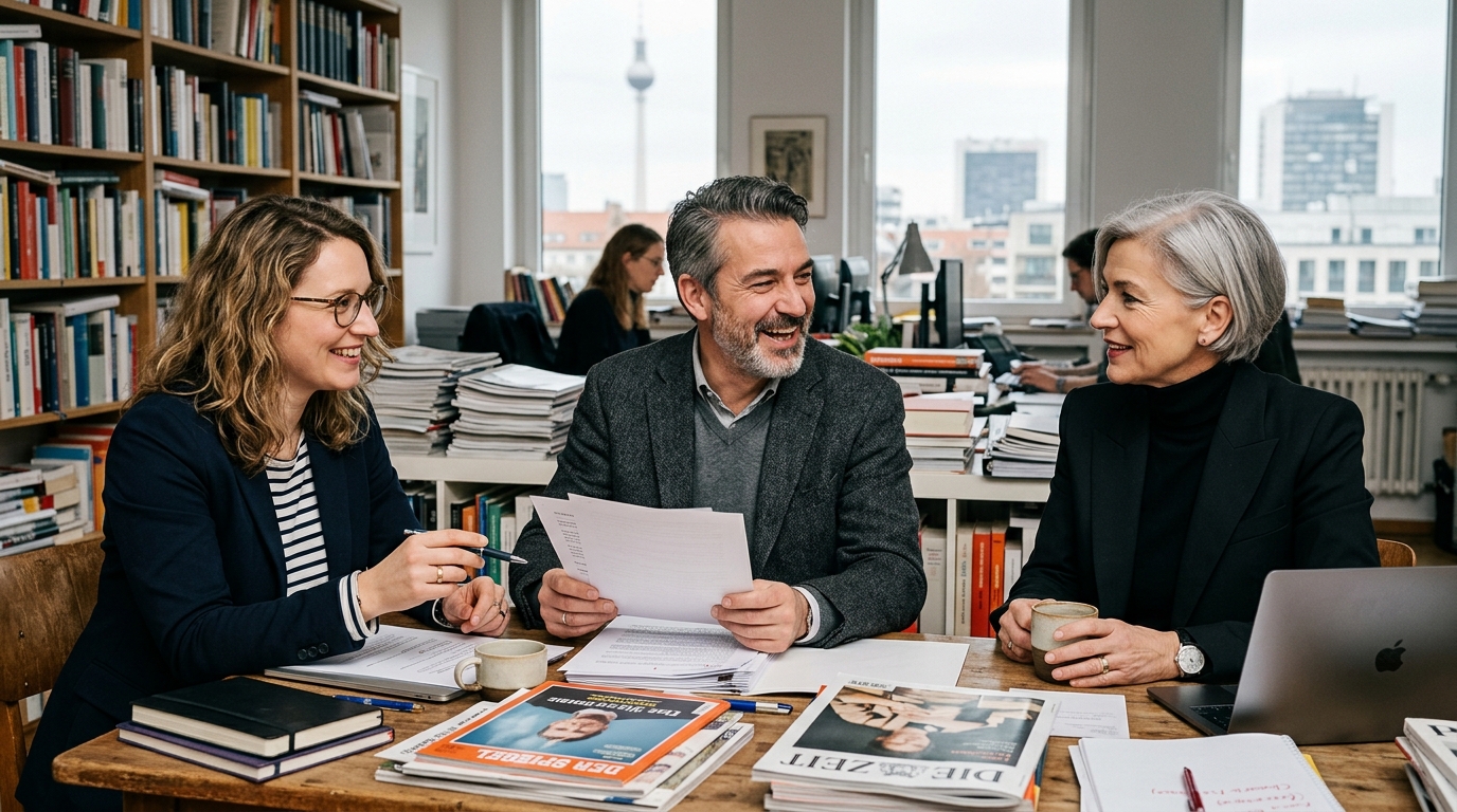 Drei Mitglieder der Riseandenergy-Redaktion stehen im weichen Licht eines Berliner Studios